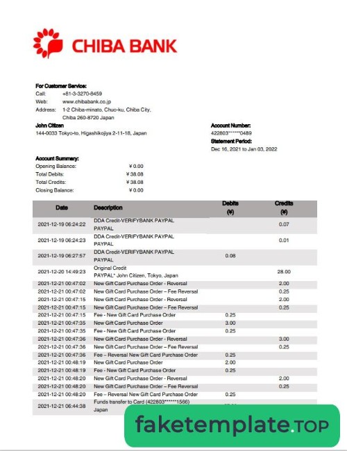 Feature of fake Japan Chiba Bank statement